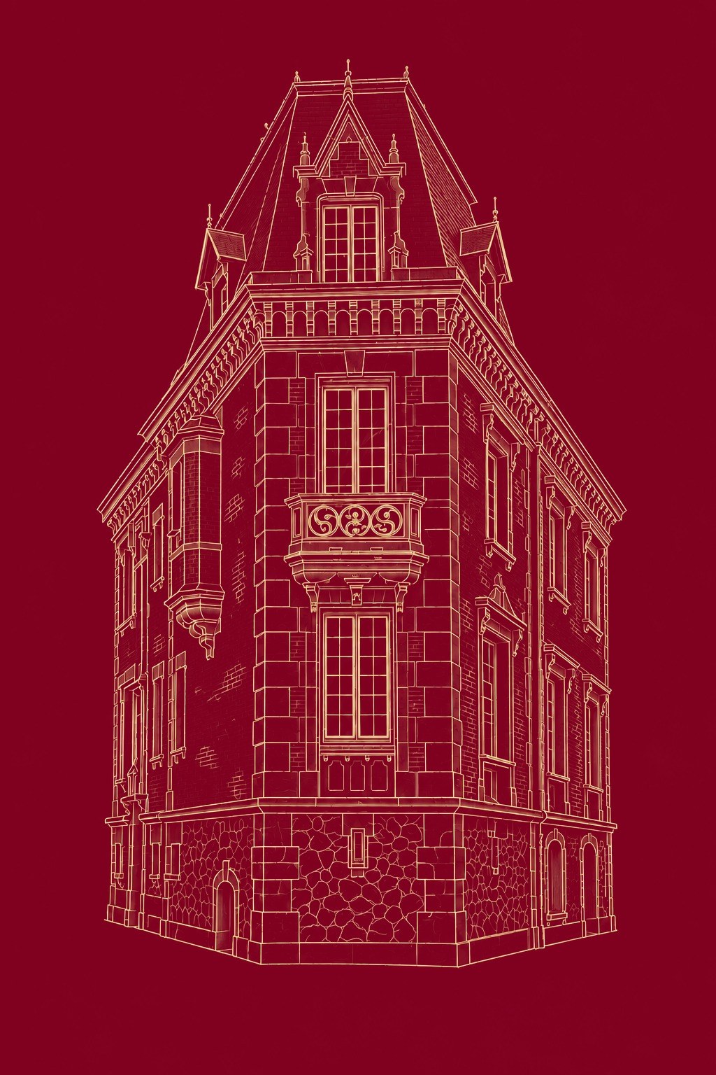 Illustration au trait doré d’un hôtel particulier, Paris 16e