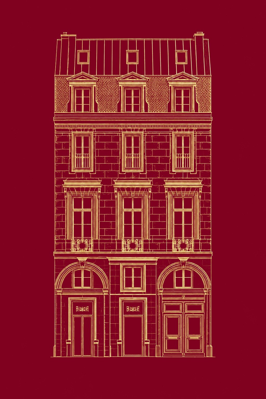 Illustration au trait doré d’un hôtel particulier, Paris 8e