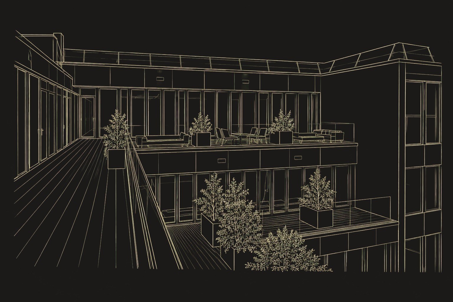 Illustration au trait doré d’un loft avec terrasse, Trocadéro